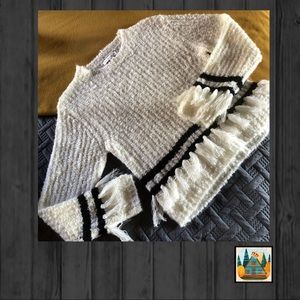 Cozy Fringe Trim Women's Sweater - Cream with Black Trim